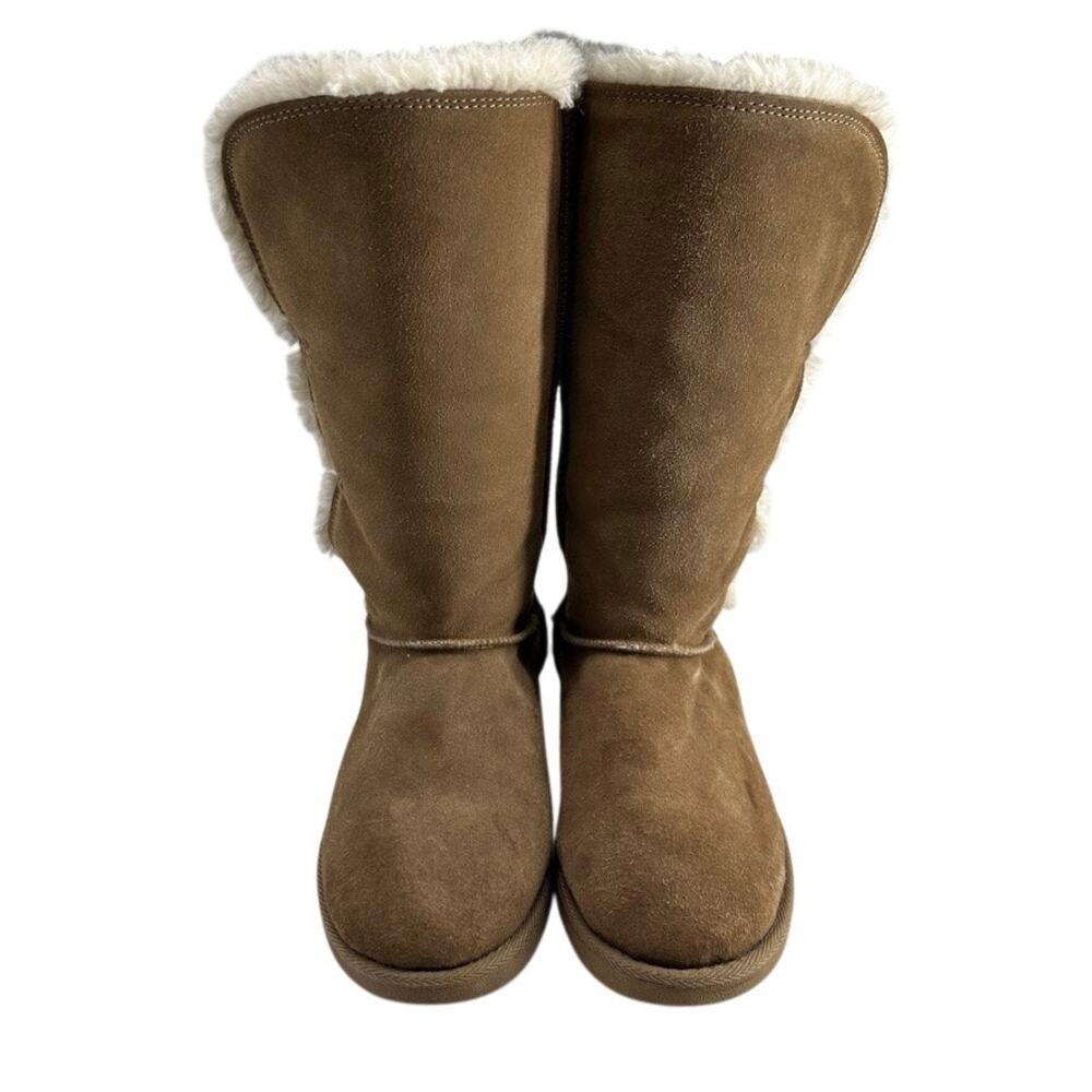 Xhilaration Kallima Tan Suede Mid Calf Boots Faux Fur Lined Boho Chic Cozy Sz 9